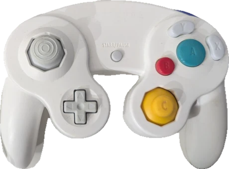 White GameCube controller with a teal A button and yellow C-stick